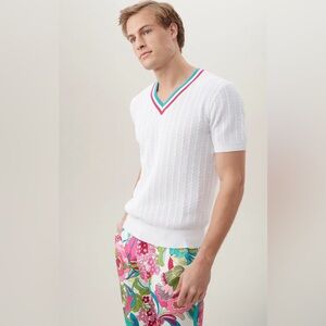 Men's White V-Neck Sweater with Colorful Trim